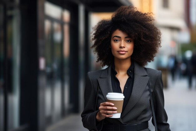 Donkere zakenvrouw bij een zakencentrum met een glas koffie in haar handen