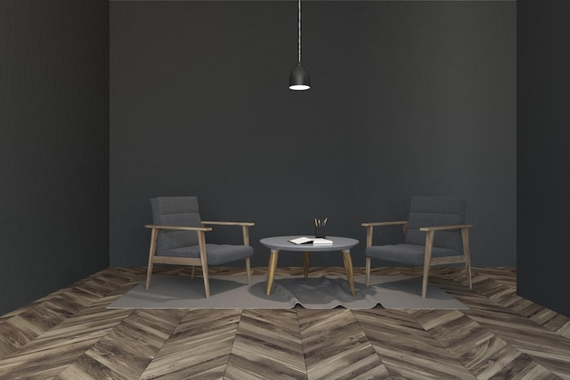 Donkergrijs woonkamerinterieur met een houten vloer en twee grijze fluwelen fauteuils op een kleed bij een ronde salontafel. 3D-rendering mock-up