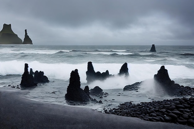 Donkergrijze rotsen aan de verlaten kust van het strand van ijsland