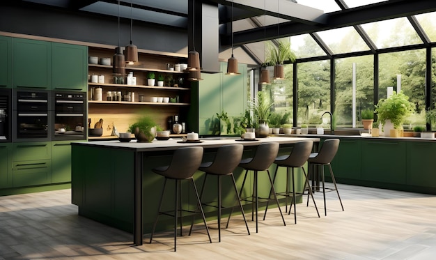 Donkergroen keukeninterieur met houten vloer en houten werkplaten 3d-rendering