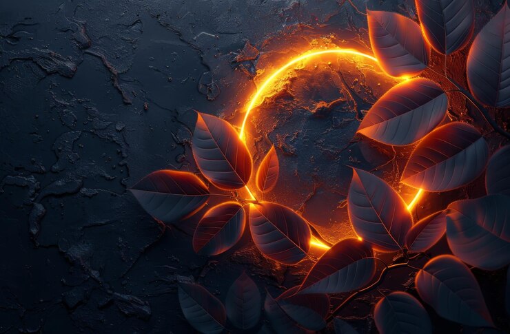 Foto donkergroene bladeren rond een gloeiende oranje cirkel