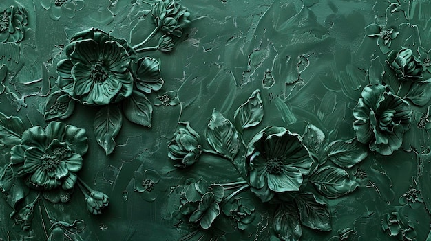 Donkergroene decoratieve textuur van gipsmuur met volumetrische decoratieve bloemen