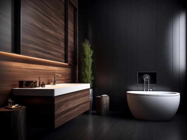 Donkerhouten badkamer met rijke texturen die AI genereert