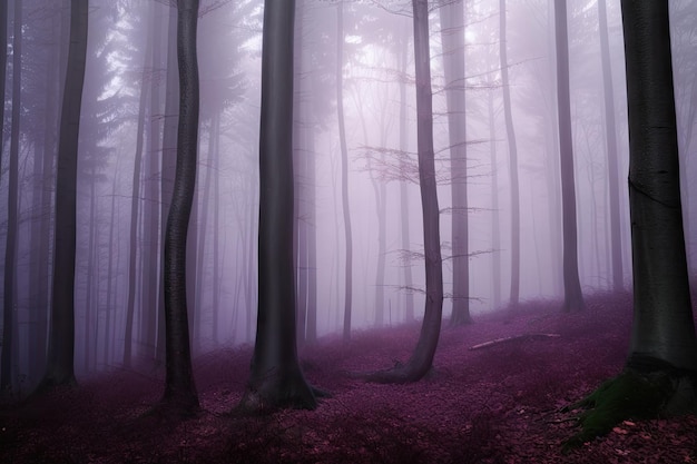 Donkerpaars bos met torenhoge bomen en mistige mist in de lucht gecreëerd met generatieve AI