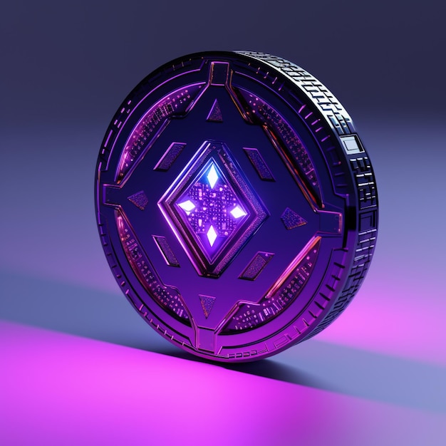 Foto donkerpaarse chip met een paarse diamant in 3d-rendering cyberpunkstijl