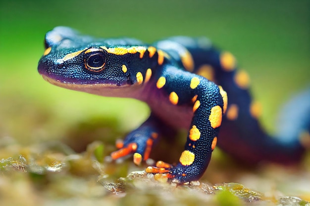 Donkerpaarse veelkleurige salamander met feloranje poten in beweging op de grond