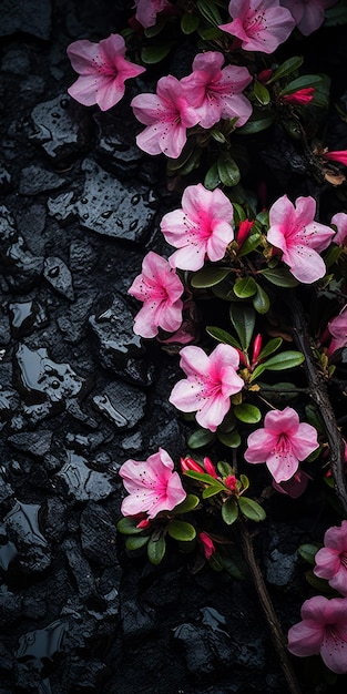 Donkerroze azalea hangt op zwarte stenen muur Duurzaam ontwerp en grandioze kleurenschema's