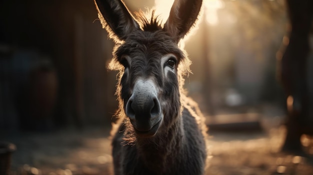 A donkey in a barn with the sun shining on its face