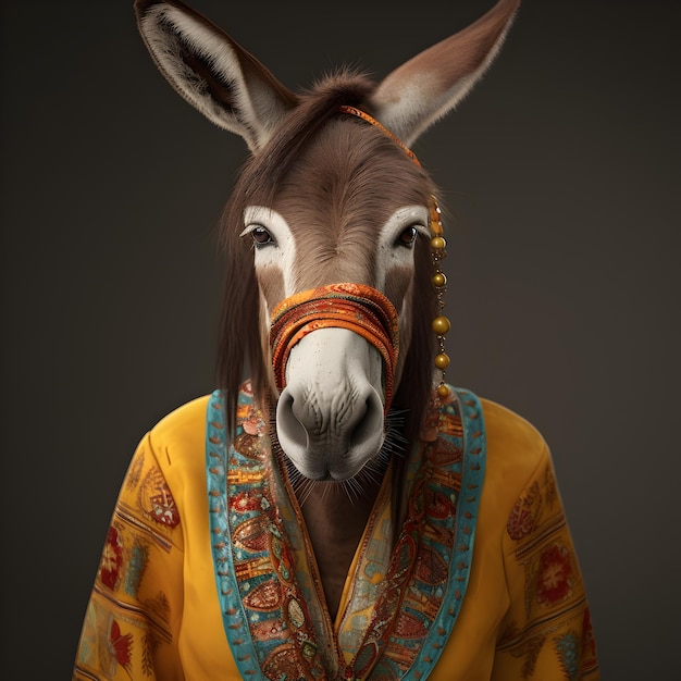 donkey in boho bohemian medieval hippie outfit with beads surreal