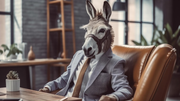 A donkey in a businessman costume in an office at the workplace a boss in a company A caricature a joke funny generative AI