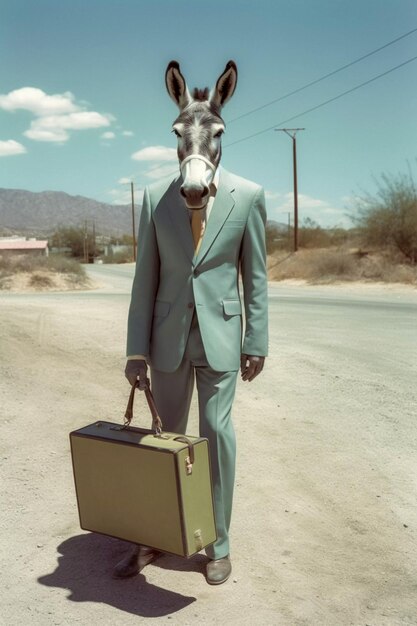 Foto uomo d'affari asino con valigia in stile vintage illustrazione asino antropomorfo ai generato