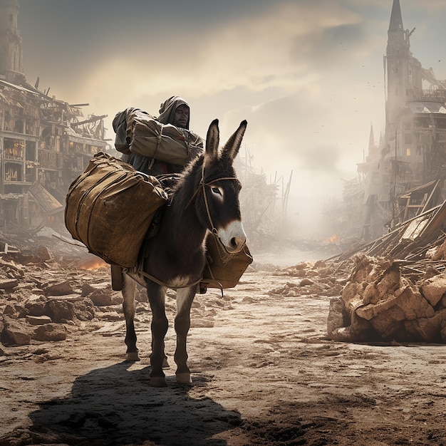 Donkey carry heavy bags in a war area