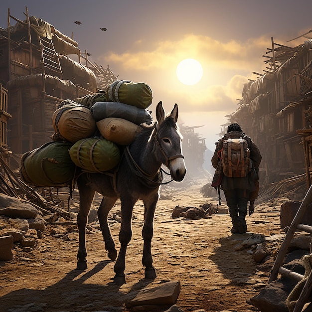 Donkey carry heavy bags in a war area