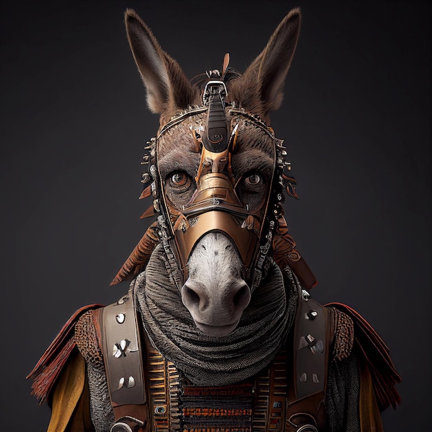 Photo donkey in cyberpunk futuristic robotic metal ancient rustic armour outfits