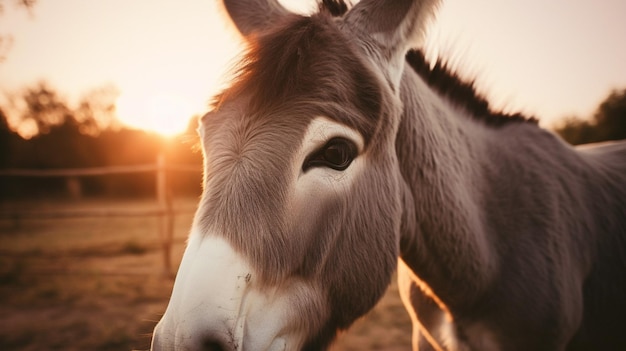 A donkey in a field at sunset