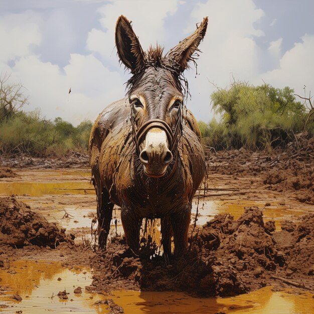 Photo a donkey is walking through a muddy puddle of mud