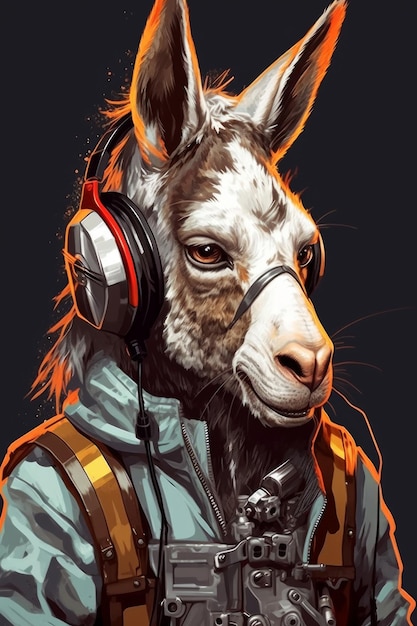 Donkey in a jacket with headphones