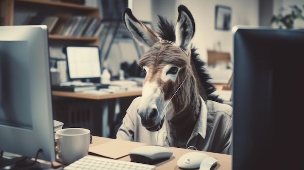 Foto un asino seduto davanti a un computer che crea il suo sito web hyper real hd 4k