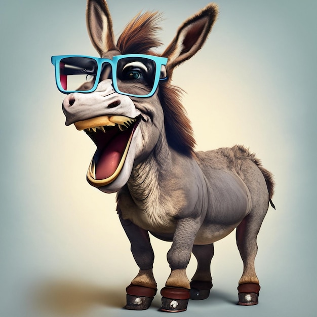 Photo donkey smiles with sarcastic looks he wears glasses