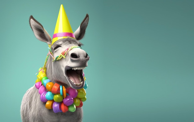 A donkey wearing a party hat and a party hat with a party hat.