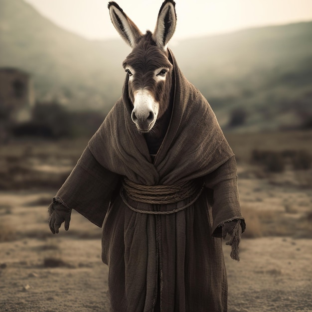 A donkey wearing a robe is standing in a field