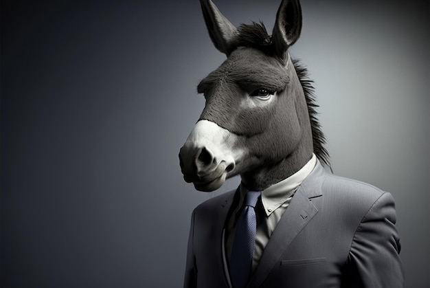 A donkey wearing a suit that has a blue tie.