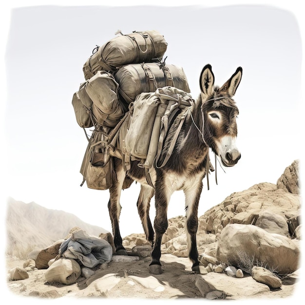 a donkey with bags is on a white background