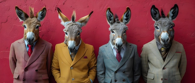 Foto asini vestiti in abbigliamento d'affari che tengono uno striscione che simboleggia il successo aziendale concept corporate donkey photoshoot abito aziendale su asini banner simbolico successo aziendale