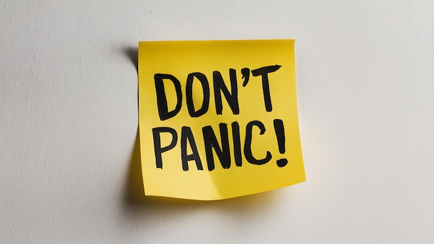 Dont panic postit note on a white wall