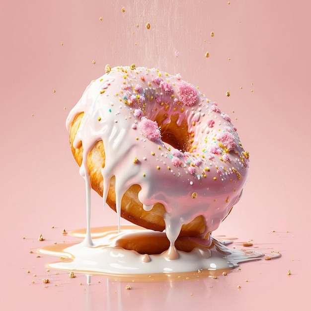 Donut in chocolate glaze on a pink background