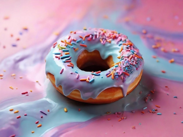 a donut coated with an iridescent glossy glaze