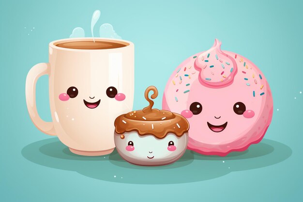 Donut and coffee cup characters with smiling faces holding hands ar c v