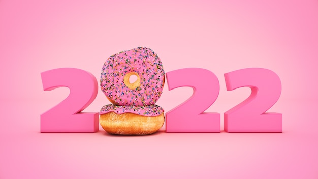 Donut concept 2022 Nieuwjaar teken 3D-rendering