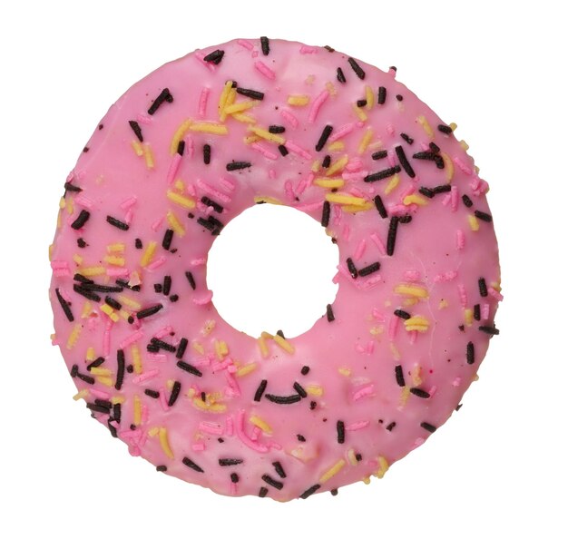 Photo donut covered with pink glaze and sprinkled with colorful sprinkles on isolated background