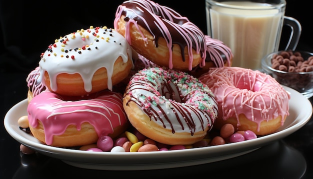 Donut dessert gourmet snack unhealthy indulgence temptation fresh baked sweetness generated by artificial intelligence