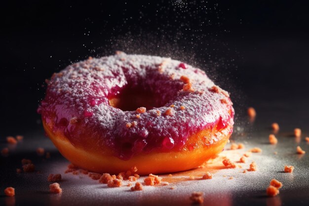 Donut expressieve opname met topping en suikerpoeder splash Tasty donut food styling image Generative AI