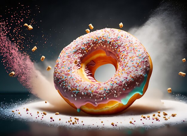 Donut expressieve shot met topping en suikerpoeder splash Tasty donut food styling