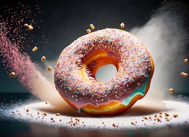 Donut expressive shot with topping and sugar powder splash Tasty donut food styling