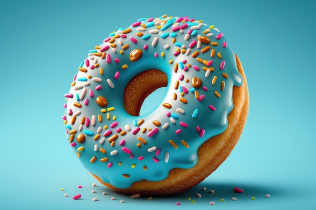 Donut met blauw glazuur en hagelslag geïsoleerd op blauwe achtergrond AI