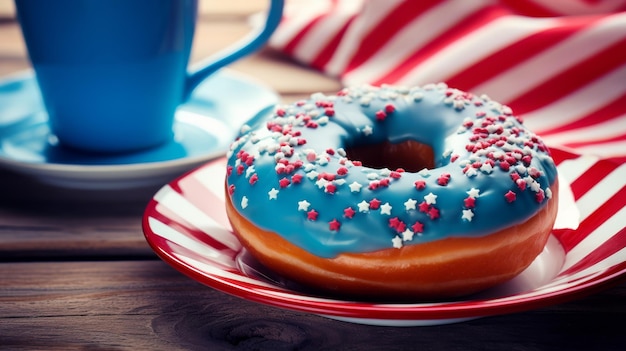 Donut met blauw glazuur en sprinkles op een bord