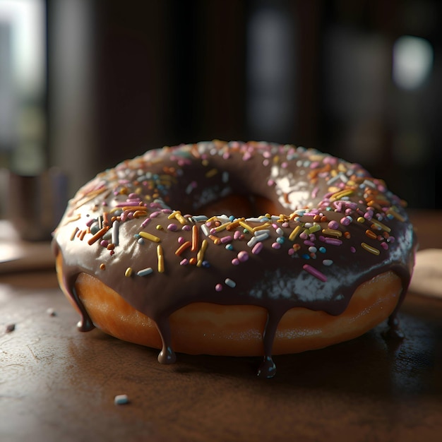 Donut met chocoladeglazuur en kleurrijke hagelslag op houten tafel