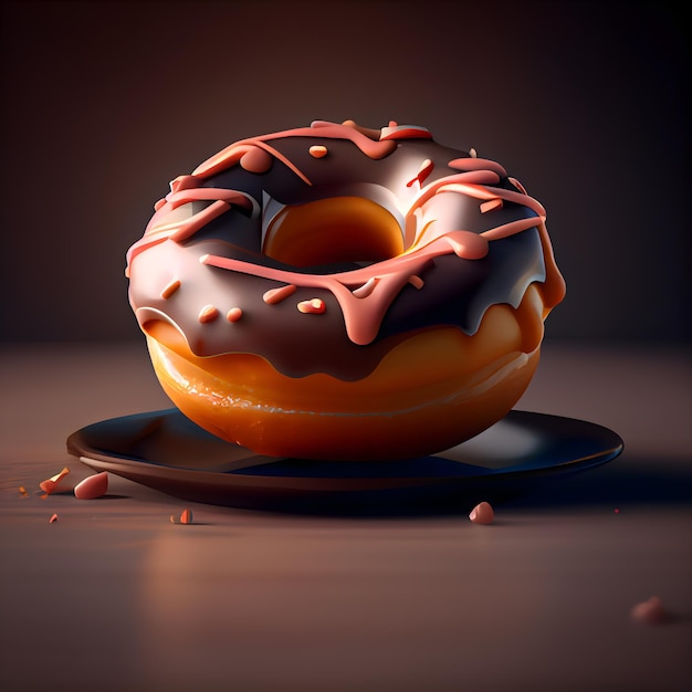 Donut met chocoladeglazuur op een donkere achtergrond 3D-rendering