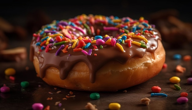 Donut met chocoladesuikerglazuur en hagelslag gegenereerd door AI