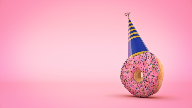 Donut met feestmuts 3D-rendering