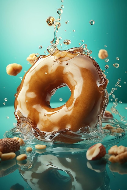 Donut met noten en spatten honing op turkooizen achtergrond