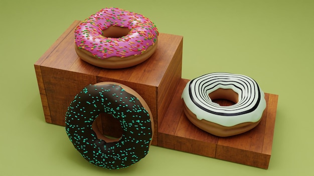 Donut set in wood stage plate in 3d rendered image