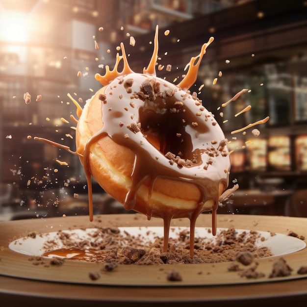 Donut submerged in coffee with splashes and waves