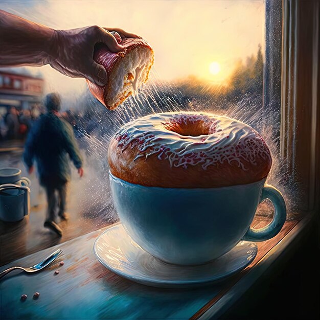 a donut that has icing on it and has a hand holding a cup of coffee