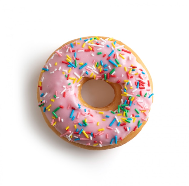 Foto donut versierd met gekleurde vonken. bovenaanzicht. bevat uitknippad
