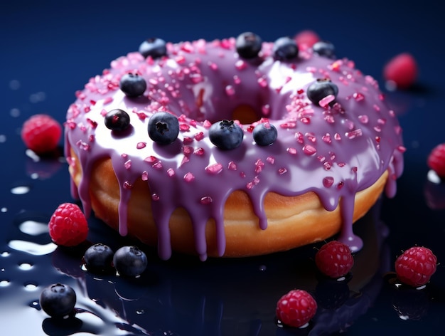 Donut with berry jam on a dark blue background